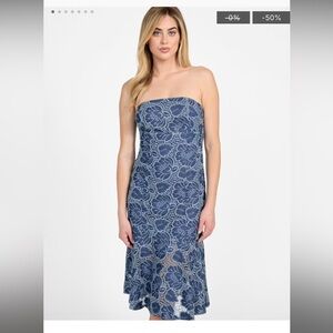 Guess Maisy Lace Indigo Dress - Strapless Floral Lace Dress - Blue